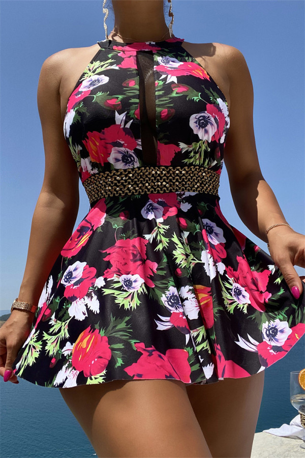 Rose Red Fashion Sexy Print Patchwork Backless Swimwears (With Paddings)