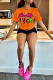 Orange Fashion Casual Print Patchwork O Neck T-Shirts