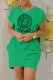 Green Fashion Casual Print Letter O Neck Cake Skirt Dresses