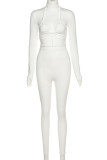 Cream White Sportswear Solid Hollowed Out O Neck Skinny Jumpsuits