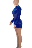 Blue Sexy Solid Patchwork See-through Half A Turtleneck Pencil Skirt Dresses