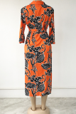 Orange Casual Print Patchwork Turndown Collar Shirt Dress Plus Size Dresses