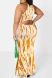 Orange Green Fashion Sexy Print Hollowed Out O Neck Sleeveless Dress Plus Size Dresses