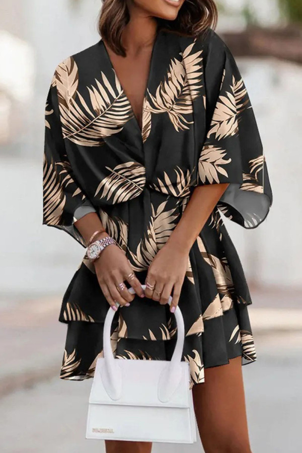 Black Casual Print Patchwork V Neck Dresses