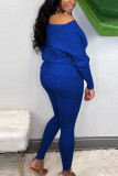 Blue Sexy Solid Bateau Neck Long Sleeve Two Pieces