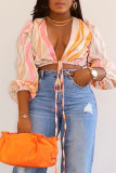 Yellow Sexy Print Bandage Patchwork V Neck Tops