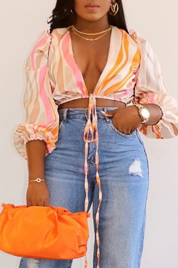 Yellow Sexy Print Bandage Patchwork V Neck Tops