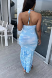 Light Blue Sexy Spaghetti Strap Sleeveless Slip Step Skirt Ankle-Length Print backless Dresses