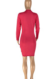 Rose Red Sexy Solid Patchwork V Neck Straight Dresses