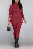 Wine Red Fashion Casual Solid Basic Half A Turtleneck Long Sleeve Two Pieces