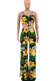 Multicolor Sexy Vacation Print Bandage Patchwork Spaghetti Strap Sleeveless Two Pieces