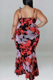 Red Sexy Print Patchwork Spaghetti Strap Straight Plus Size Dresses