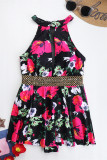 Rose Red Fashion Sexy Print Patchwork Backless Swimwears (With Paddings)