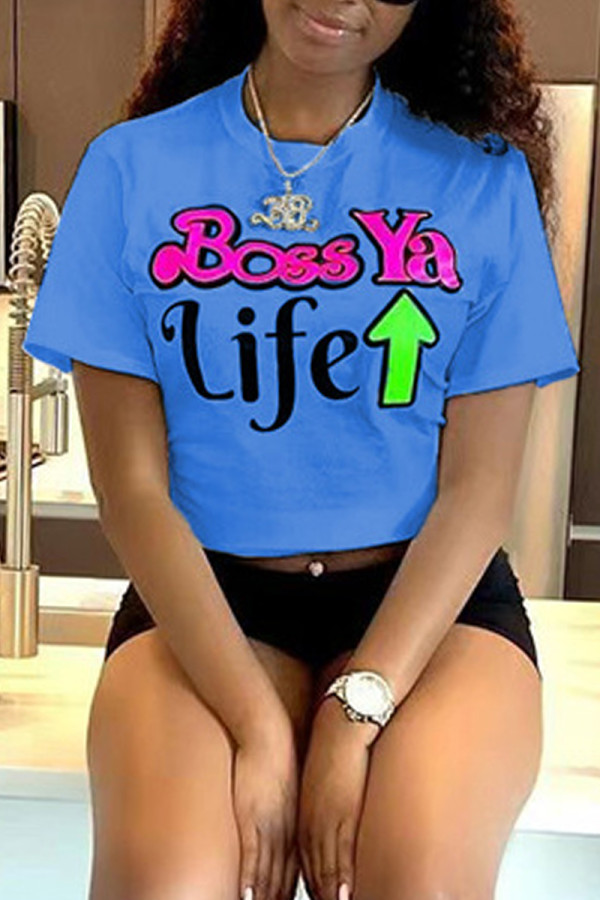 Royal Blue Fashion Casual Print Patchwork O Neck T-Shirts
