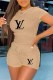 Khaki Fashion Sportswear Print Letter O Neck Short Sleeve Two Pieces