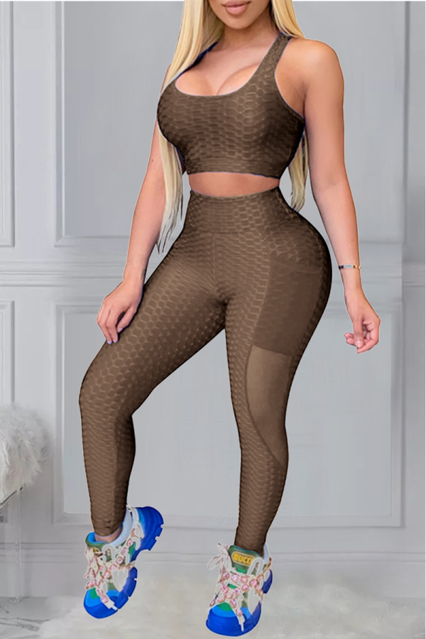 Khaki Fashion Casual Sportswear Sleeveless U Neck Spaghetti Strap Short Solid Two Pieces