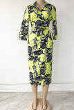 Khaki Casual Print Patchwork Turndown Collar Shirt Dress Plus Size Dresses