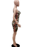Army Green Sexy Print Camouflage Print Patchwork Spaghetti Strap Sleeveless Two Pieces