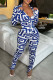 Blue Sexy Print Patchwork Buckle Turndown Collar Long Sleeve Two Pieces