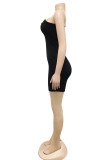 Black Fashion Sexy Solid Hollowed Out Backless Oblique Collar Sleeveless Dress