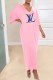 Pink Fashion Casual Print Letter V Neck One Step Skirt Dresses