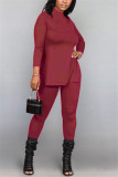 Wine Red Fashion Casual Solid Basic Half A Turtleneck Long Sleeve Two Pieces