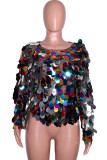 colour Sexy Adult Solid Sequins See-through O Neck Tops