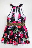 Rose Red Fashion Sexy Print Patchwork Backless Swimwears (With Paddings)