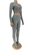 Grey Sexy Solid Bandage Patchwork O Neck Long Sleeve Two Pieces