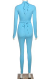 Blue Sportswear Solid Hollowed Out O Neck Skinny Jumpsuits