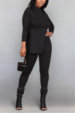 Black Fashion Casual Solid Basic Half A Turtleneck Long Sleeve Two Pieces