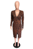 Brown British Style Leopard Slit V Neck Dresses