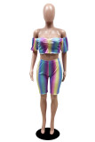 Colour Sexy Casual Print Backless Off the Shoulder Short Sleeve Two Pieces