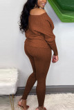 Coffee Sexy Solid Bateau Neck Long Sleeve Two Pieces