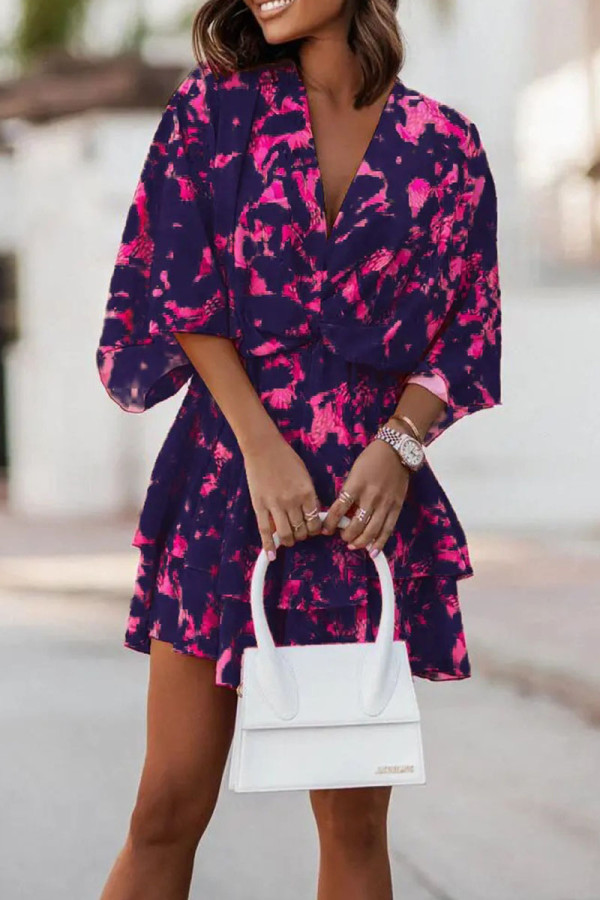 Fuchsia Casual Print Patchwork V Neck Dresses