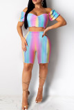 Colour Sexy Casual Print Backless Off the Shoulder Short Sleeve Two Pieces