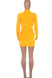 Yellow Sexy Solid Patchwork See-through Half A Turtleneck Pencil Skirt Dresses