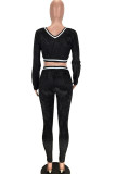 Black Velvet Fashion Casual adult Ma'am Patchwork Solid Two Piece Suits pencil Long Sleeve Two Pieces