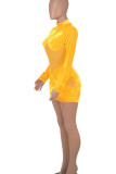 Yellow Sexy Solid Patchwork See-through Half A Turtleneck Pencil Skirt Dresses