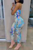Blue Casual Print One Shoulder Long Sleeve Two Pieces