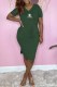 Army Green Fashion Casual Print Letter V Neck Short Sleeve Two Pieces