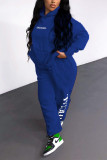 Blue Fashion Casual Letter Print Basic Hooded Collar Long Sleeve Two Pieces