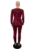 Wine Red Casual Solid Patchwork Flounce Cross Straps O Neck Long Sleeve Two Pieces