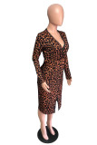 Brown British Style Leopard Slit V Neck Dresses