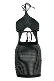 Black Sexy Patchwork Hot Drilling Hollowed Out Backless Halter Strapless Dress