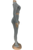 Grey Sexy Solid Bandage Patchwork O Neck Long Sleeve Two Pieces
