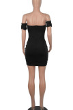 Black Sexy Solid Patchwork Fold Off the Shoulder Pencil Skirt Dresses