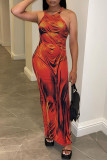 Red Sexy Print Patchwork O Neck Vest Dress Dresses