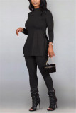 Black Fashion Casual Solid Basic Half A Turtleneck Long Sleeve Two Pieces
