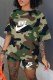 Army Green Fashion Casual Camouflage Print Letter O Neck Short Sleeve Two Pieces